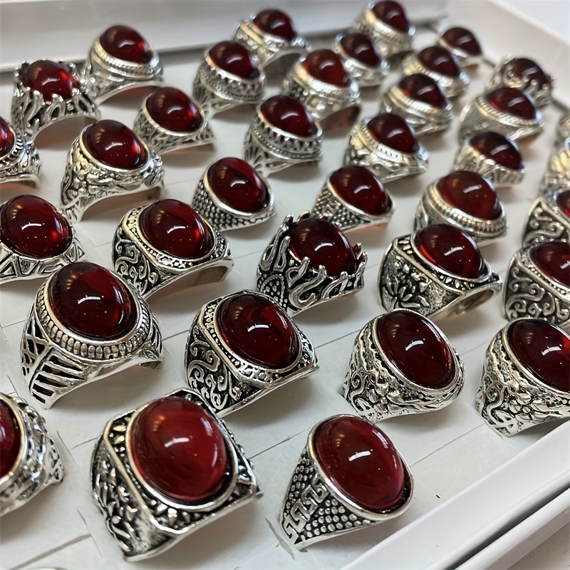 5pcs Set Men's Silvery Oval Red Stone Rings