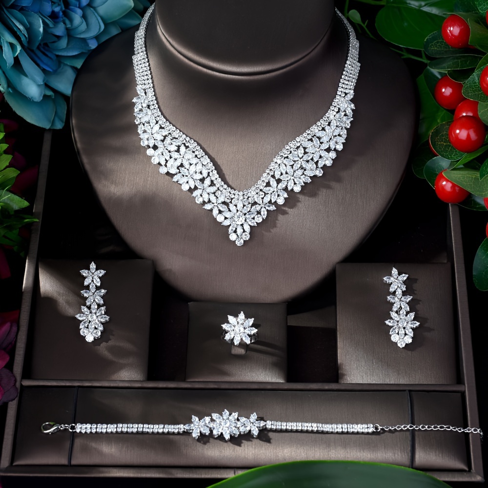 

Sparkling Petal And Flower Jewelry Set, Luxury Zircon Decor Plated Bracelet Necklace Earrings And Ring Set Bridal Wedding Engagement Banquet Jewelry Accessories