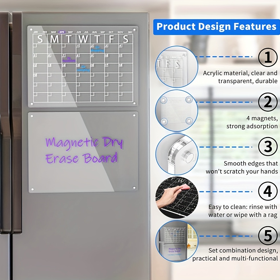 Calendrier magnétique en acrylique effaçable à sec pour réfrigérateur, 40,6  x 30,5 cm, tableau de planification mensuel transparent avec marqueurs