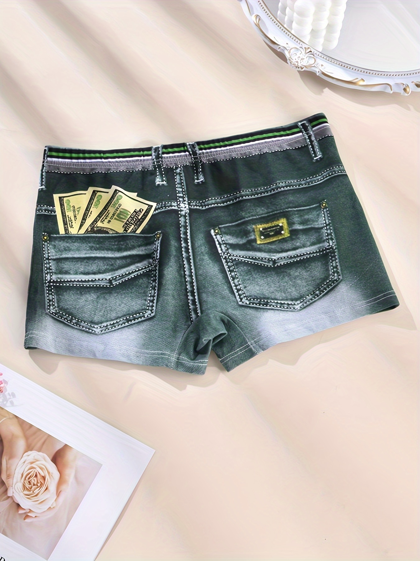 Men's Smooth Cotton Shorts Fake Denim Jean Printed Boxer Briefs Underwear  US