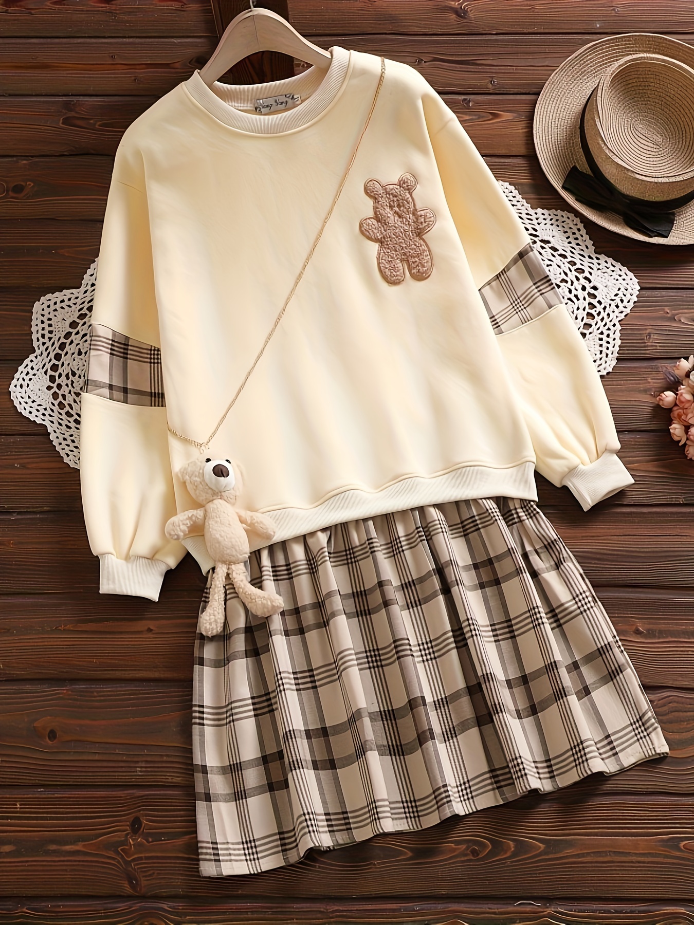 Girls Bear Print Sweatshirt Matching Plaid Pleated - Temu