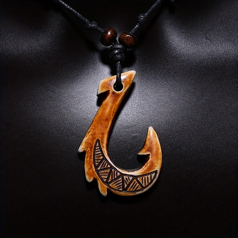 Hawaiian Imitation Bone Rune Pendant With Nz Maori Fish Hook Mixed
