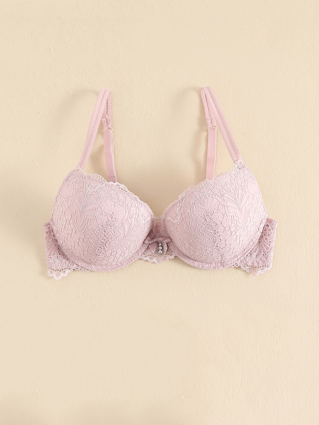 Solid Lace Embroidery Push Padded Bra Small Center Bow - Temu