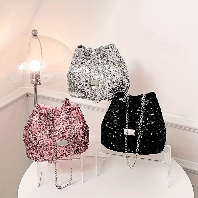 shiny sequins bucket bag trendy mini chain crossbody bag luxury handbag for women perfect for carnival mardi gras music festival
