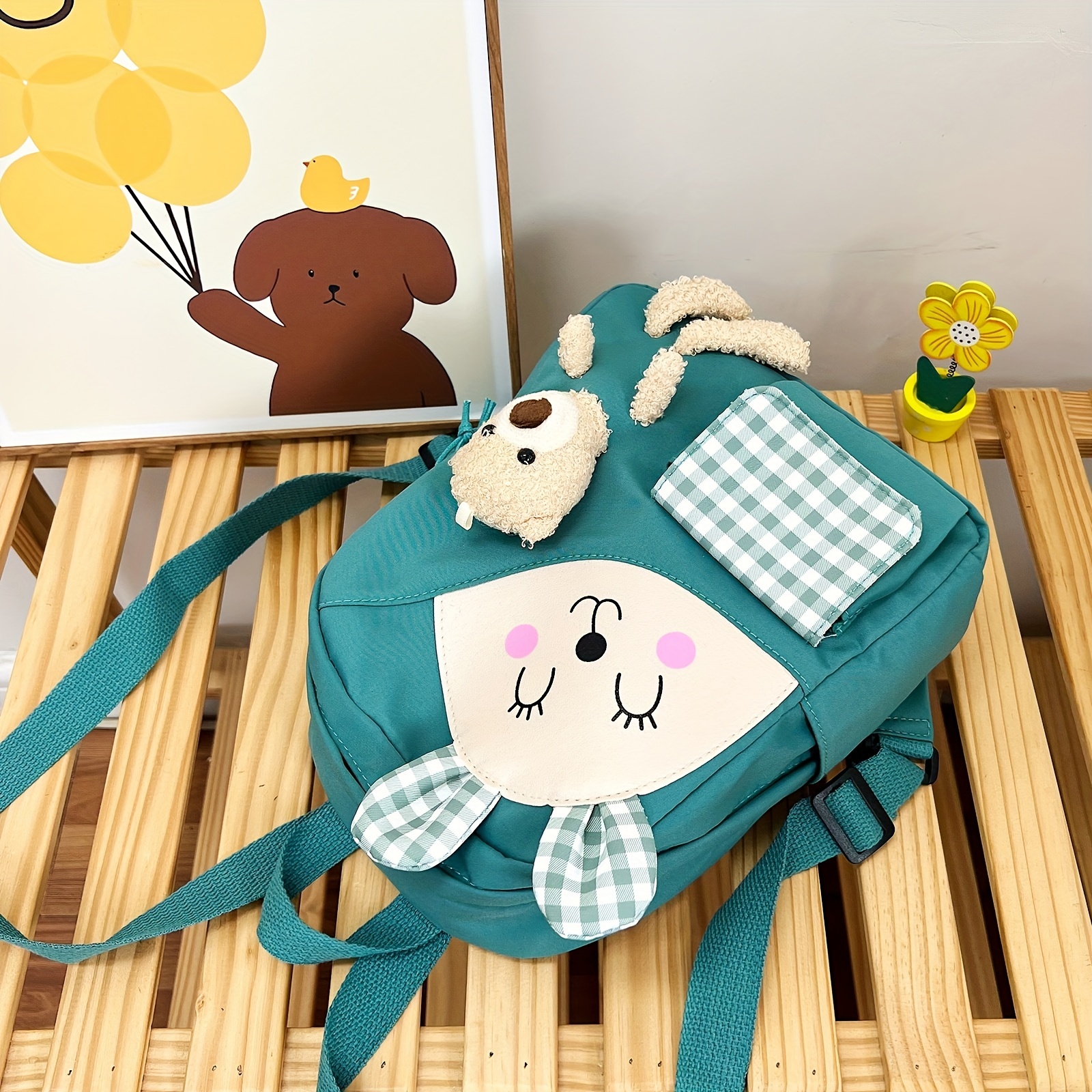 Kids Cartoon Rabbit Plaid Backpack With Teddy Bear Plush