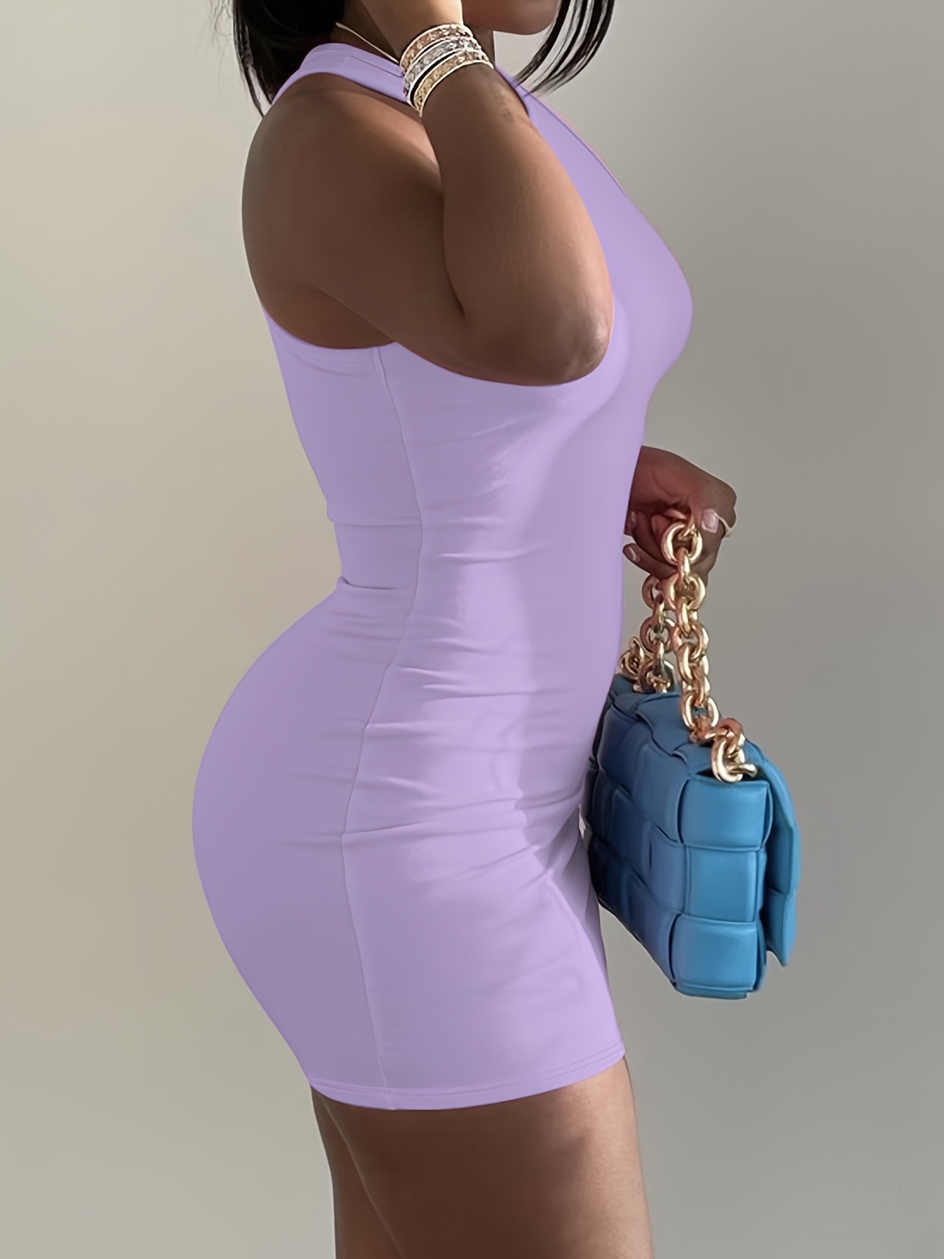 Lanhui Women's Sexy Solid Color Bag Hip Mini Dress Sleeveless