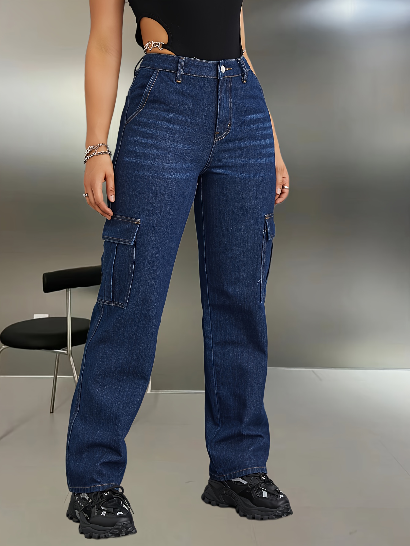 Blue Flap Pockets Cargo Pants High Waist Straight Legs - Temu Norway