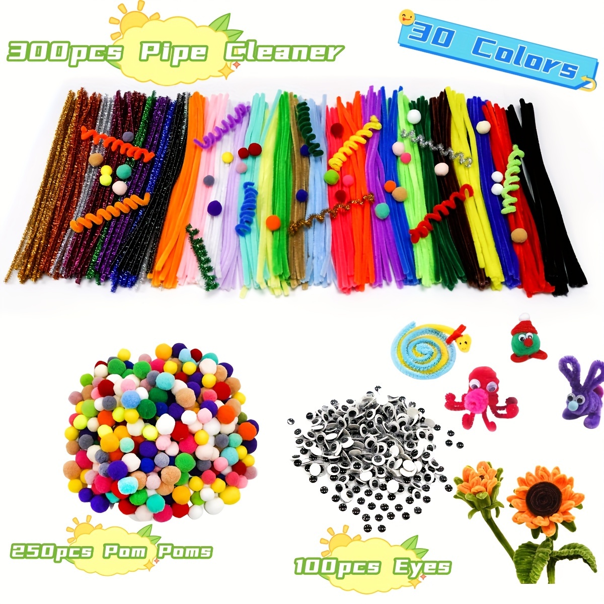 500pcs Pipe Cleaners Craft Set,Including 100 Pcs Chenille Stems 200 Pcs Pom Poms Craft 200 Pcs Wiggle Googly Eyes Self Adhesive,Assorted Colors and A