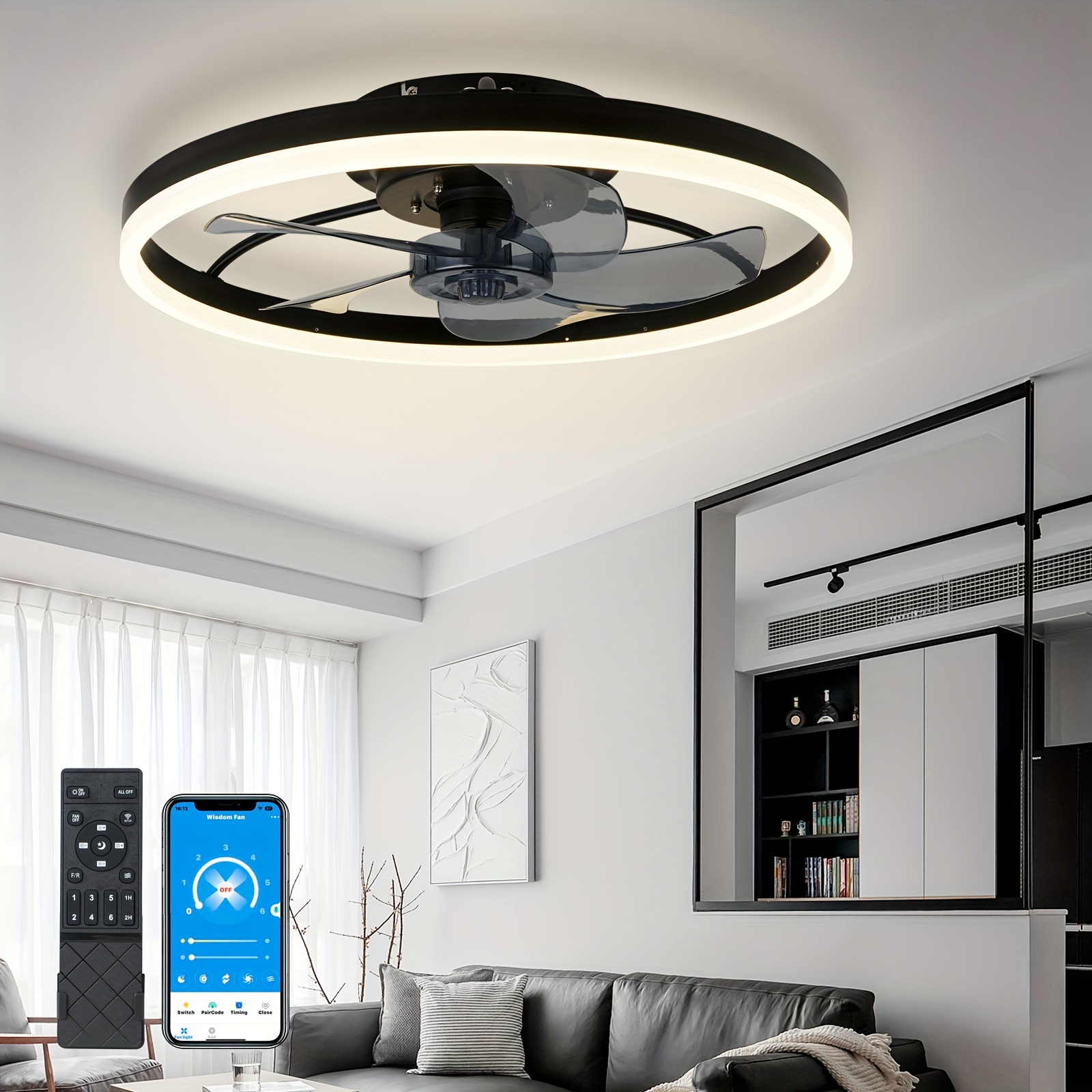 Lámpara de techo invisible de cristal de 42 pulgadas con kit de luz LED y  ventilador de control remoto, lámpara de ventilador para el hogar