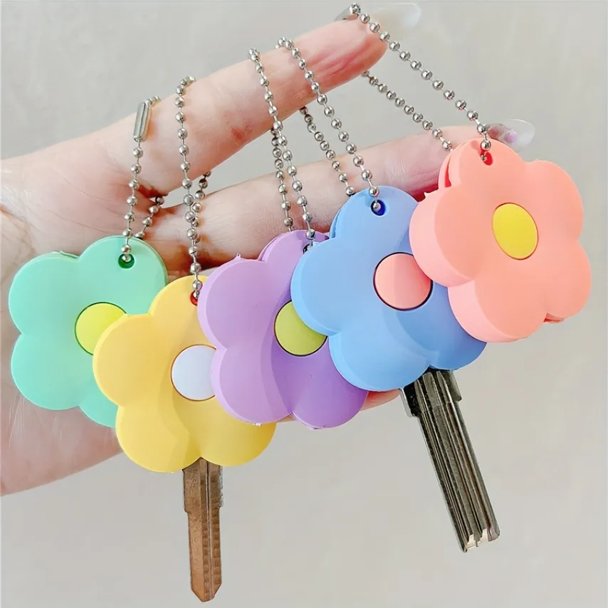 2pcs Flower Cartoon Key Cover Cap Silicone Key Accessories PVC Soft Solid  Key Holder Key Chain For Girl Women Trinket Gift