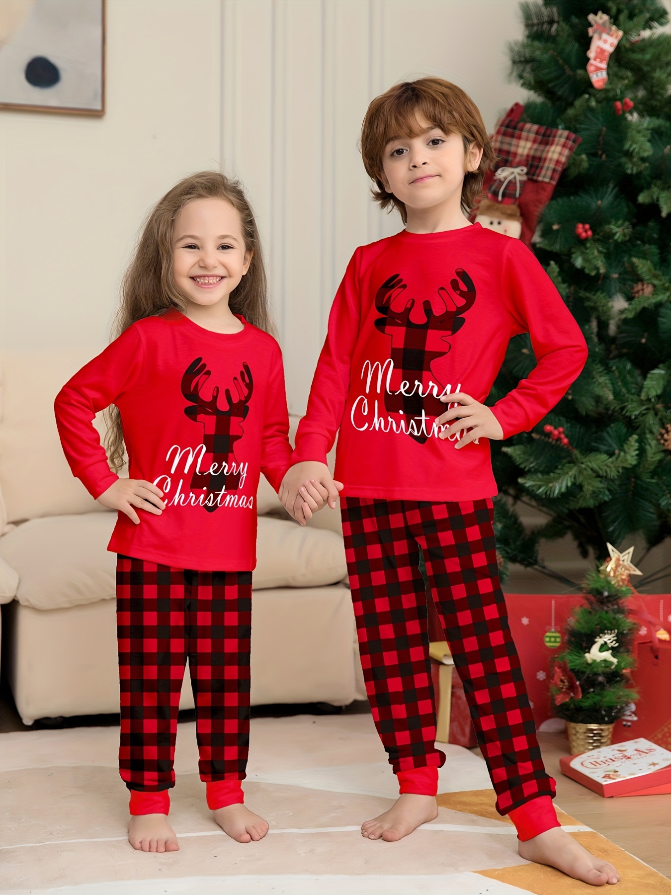 Kid's Christmas Gift Elk Print Pajamas Long Sleeve Top Plaid - Temu