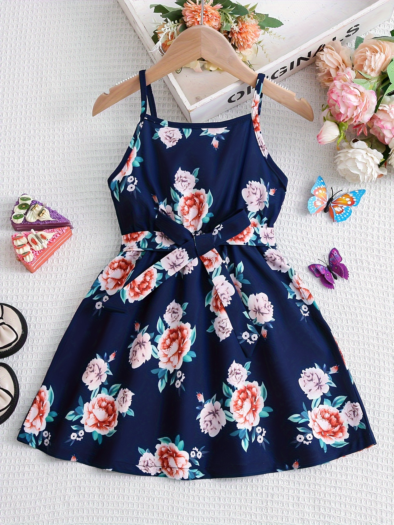 Girls V neck Flowers Print Cami Dress Kids Summer Clothes - Temu