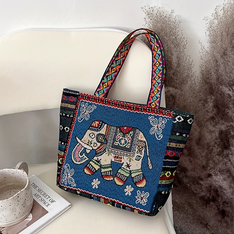 Ethnic Style Embroidered Tote Bag Elephant Canvas Shoulder - Temu