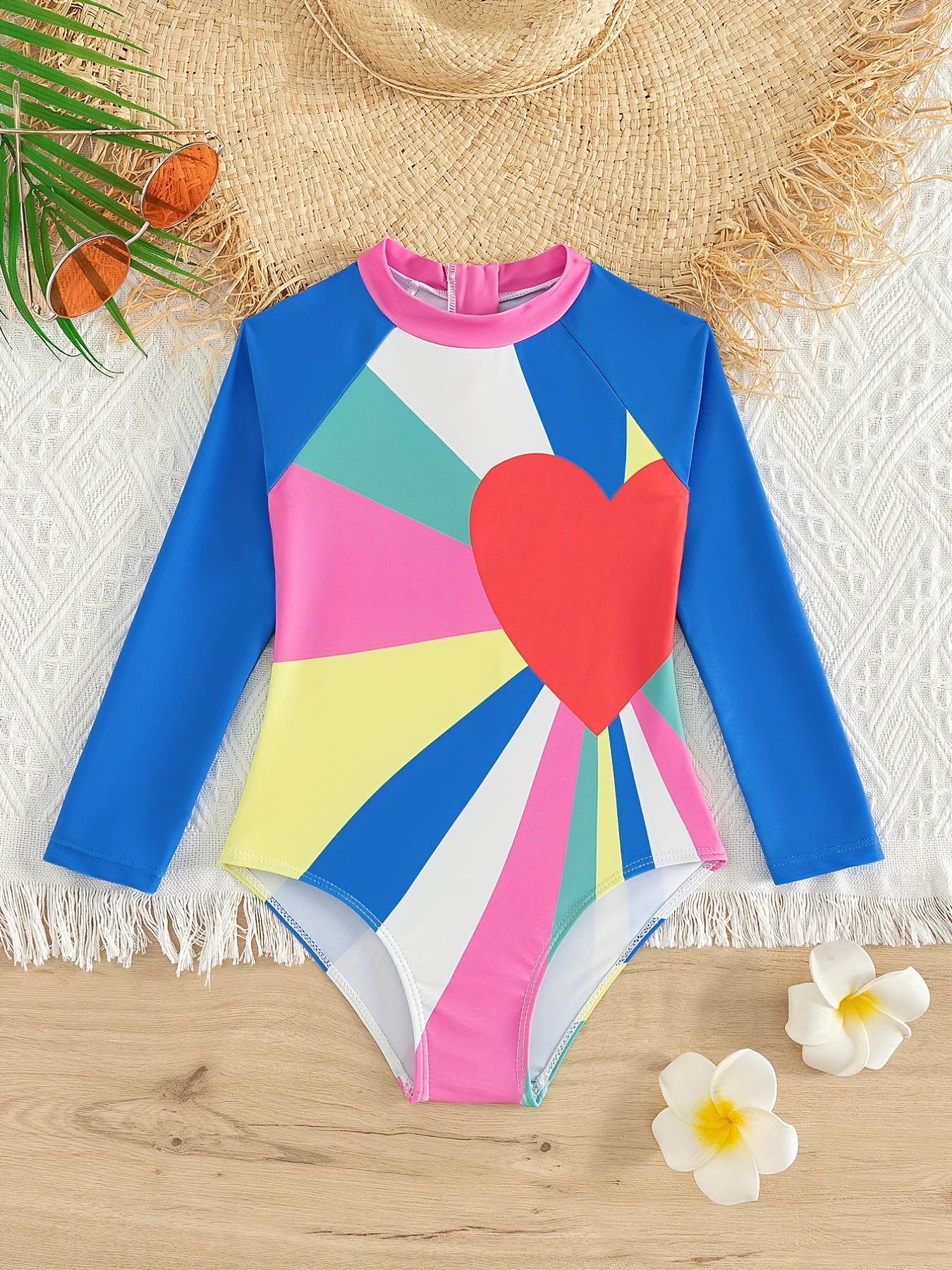 Girl's Heart Pattern Colorful Long Sleeve Swimsuit - Temu Canada