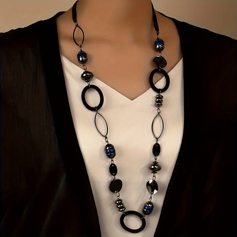 

1pc Vintage Style Black Resin & Stone Long Necklace, Elegant Statement Jewelry, Fashion Accessory For Women, Unique Design