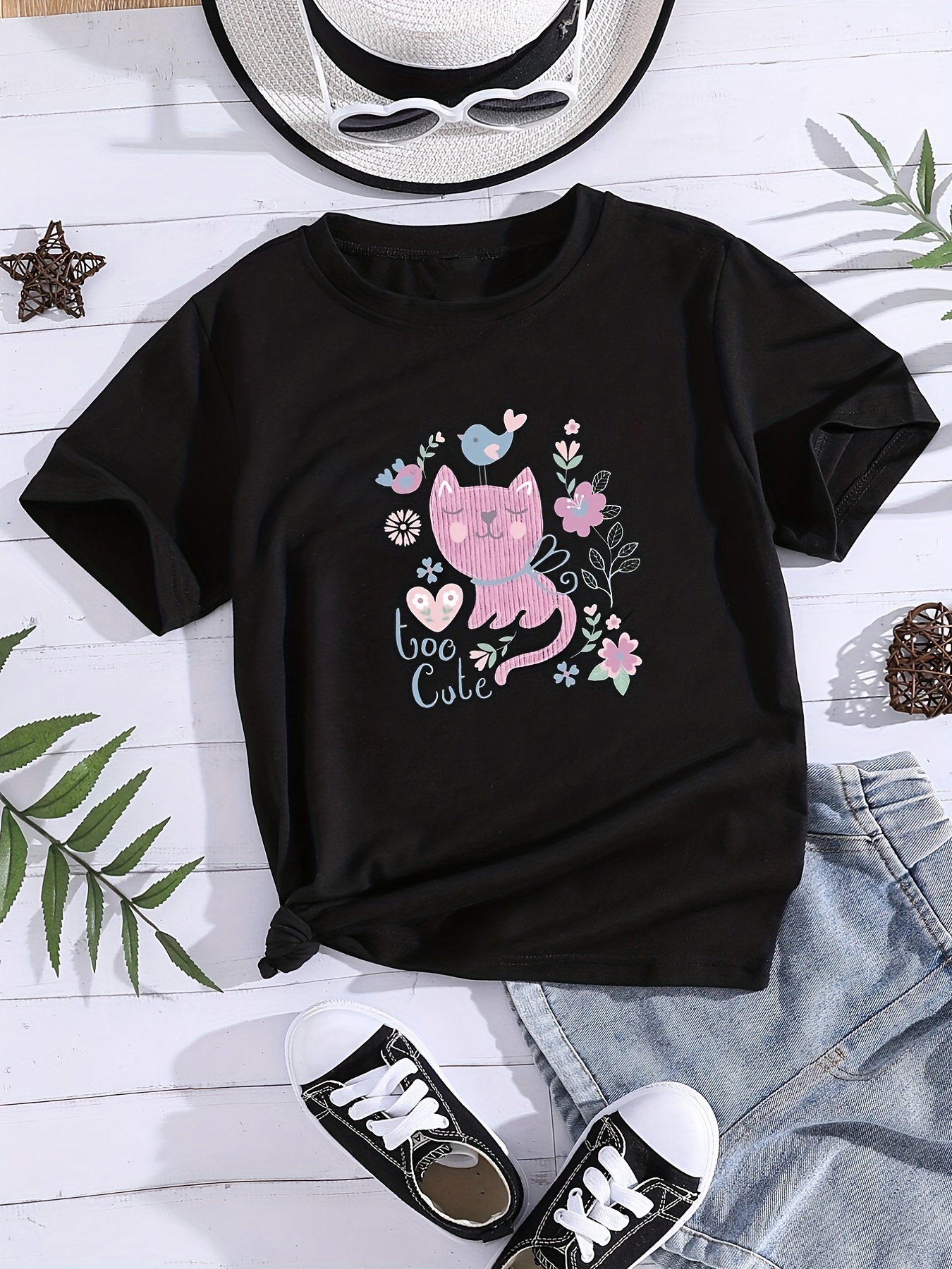 Girls Cartoon Flower Print Casual T-shirt, Comfy Fit Short Sleeve