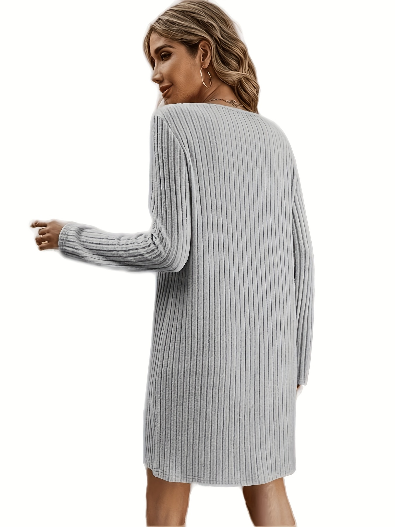 Solid V Neck Dress Casual Long Sleeve Dress Spring Fall - Temu