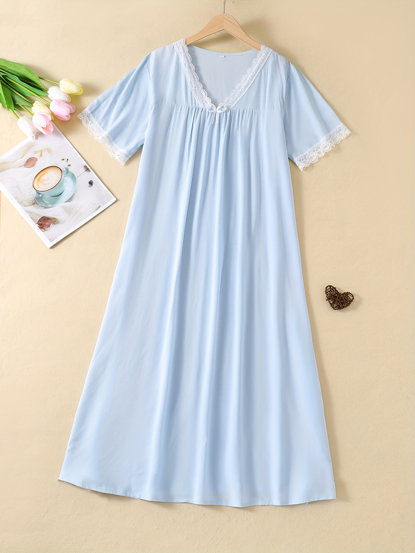 Elegant Lace Trim Nightdress Soft Sleep Shirt Short Sleeve - Temu