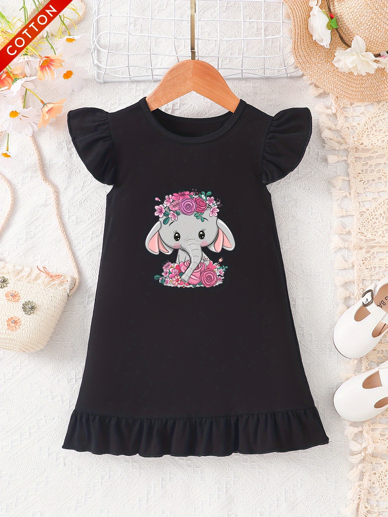 Baby Girl Polka Dots Cartoon Elephant Print Spliced Short-sleeve T-shirt Dress