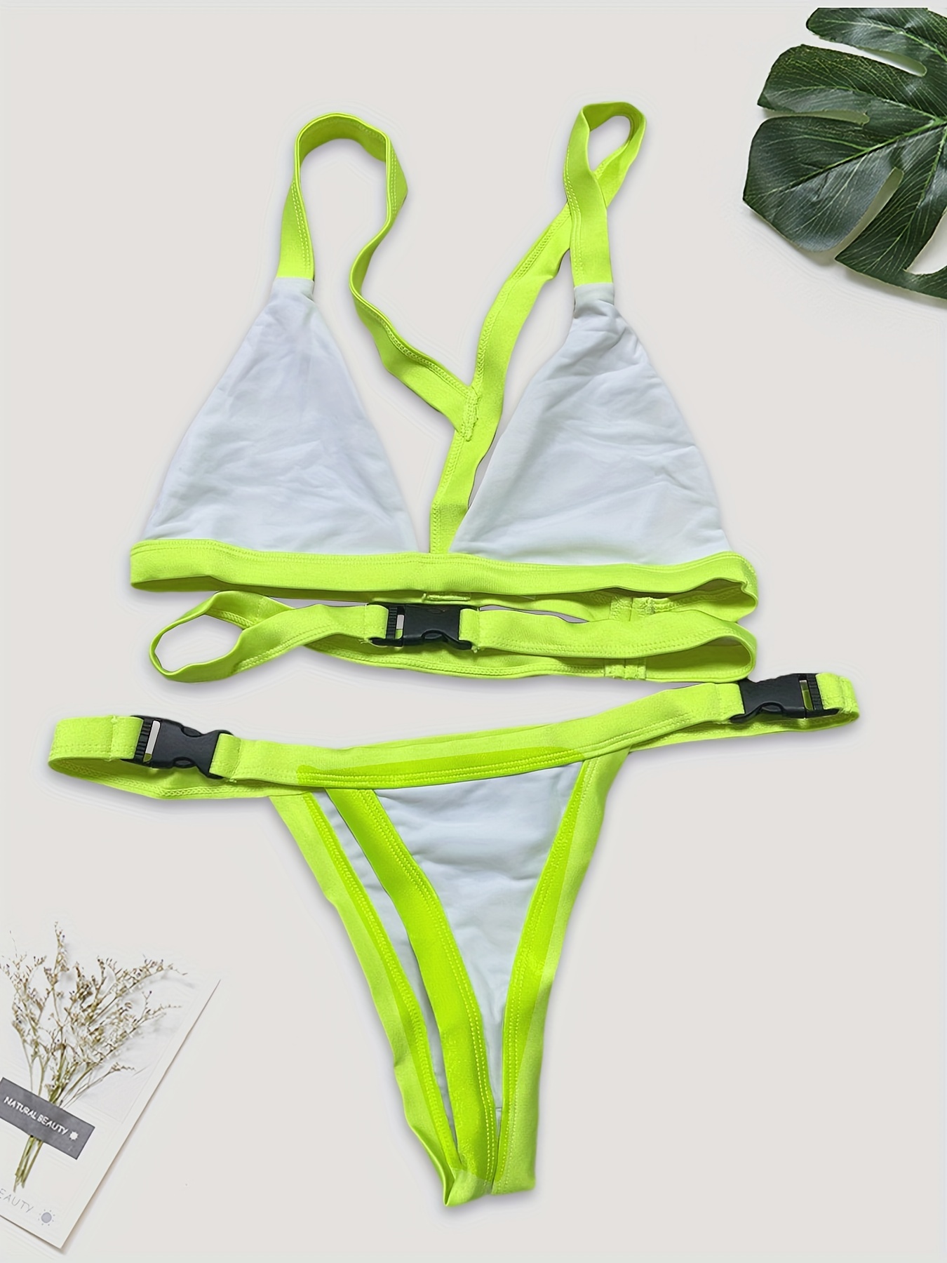 Buckle Neon Yellow Contrast Trim Deep V Neck Bikini High - Temu