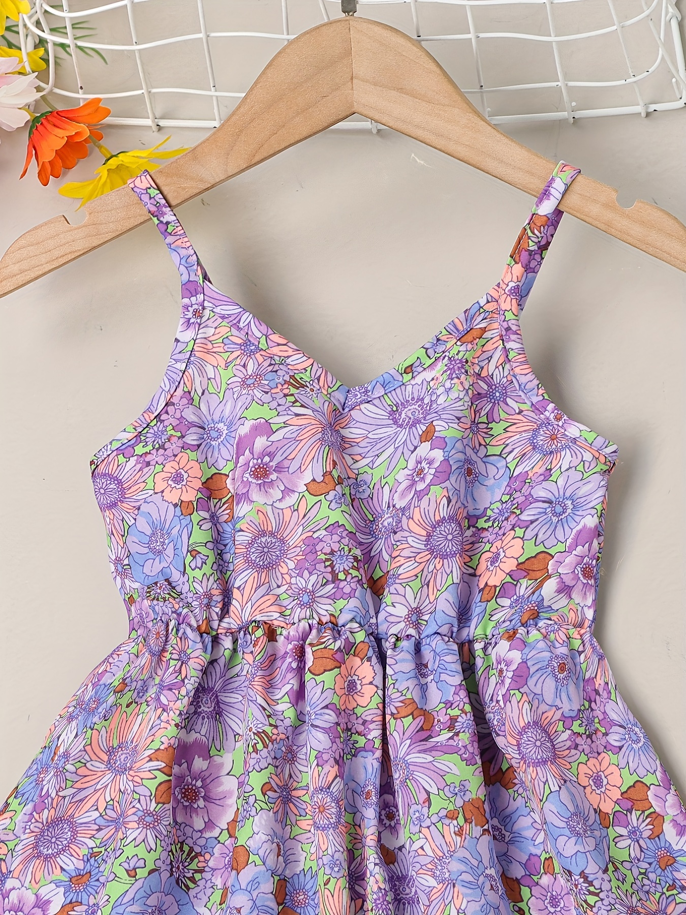 little girls cute sundress floral pattern party beach dress v neck elastic waist camisole dress for summer details 7