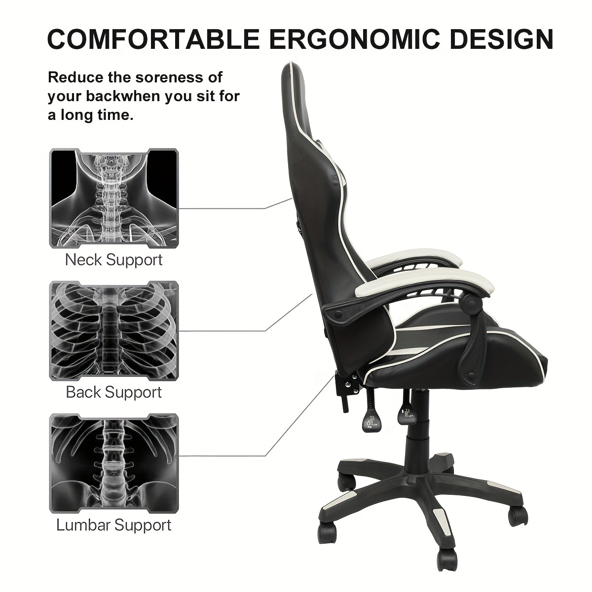 1 pc Gaming Chair Office Chair, Reclining High Back PU Leather Computer Desk Chair with Headrest and Lumbar Support,Ergonomic Racing Chair,Adjustable Swivel Rolling Video Game Chairs for Office,white details 3