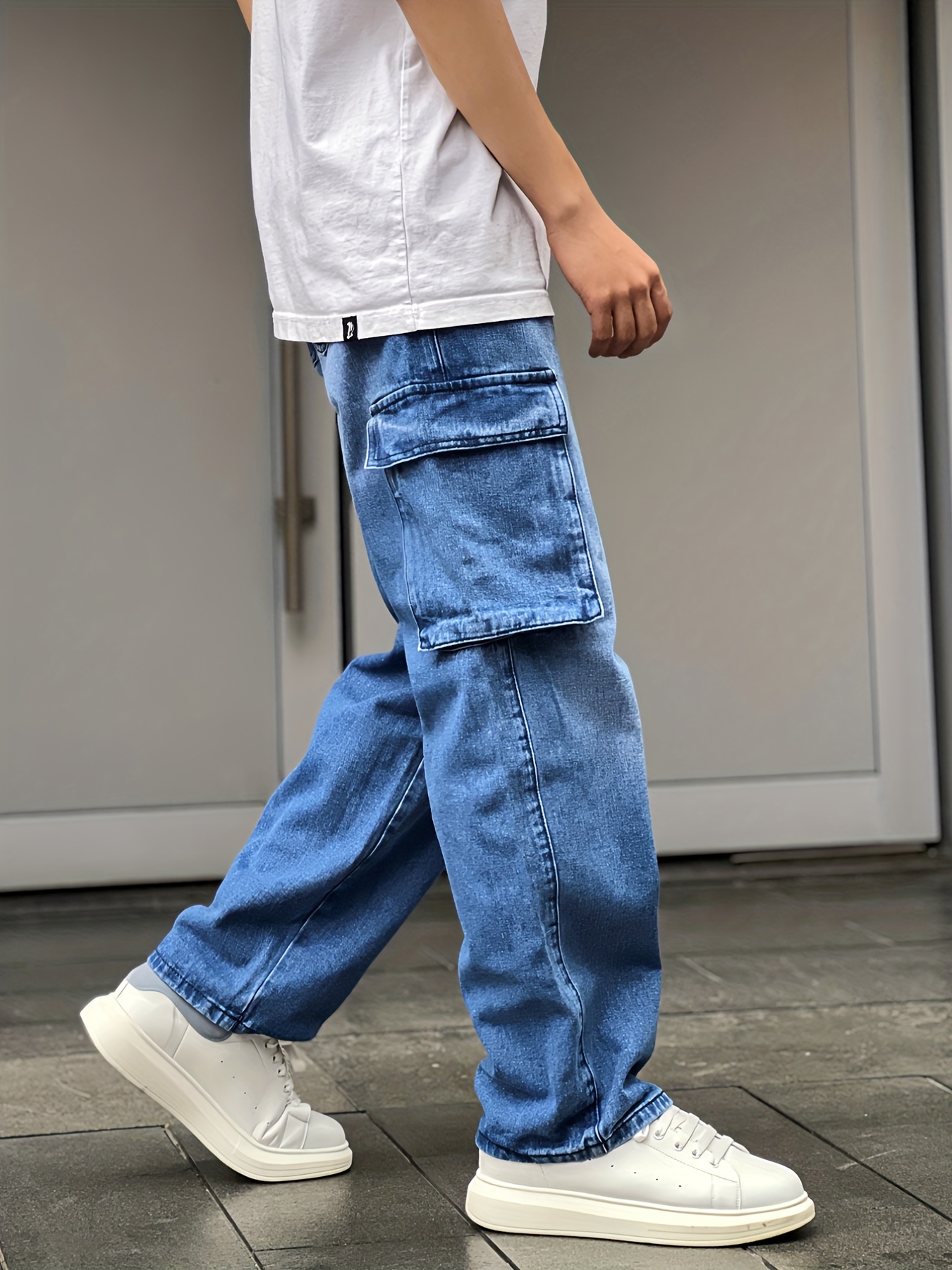 Multi Pocket Cotton Cargo Jeans Men's Casual Street Style - Temu Canada