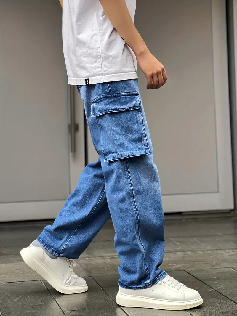 Multi Pocket Cotton Cargo Jeans Men's Casual Street Style - Temu Canada