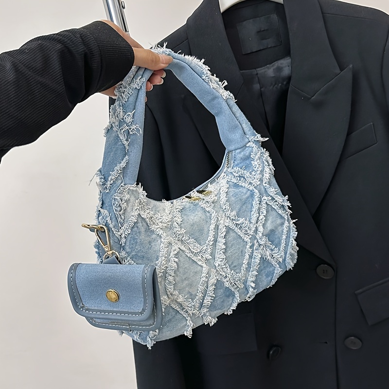 Trim Denim Hobo Bag, Trendy Shoulder Bag With Coin Purse, Argyle Pattern  Underarm Purse - Temu United Arab Emirates