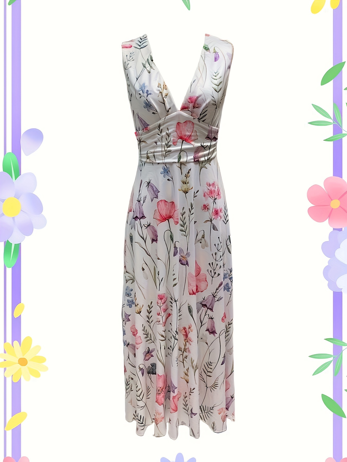 Floral Print Sleeveless Dress Chic Plunge Neck Cinched Waist Temu