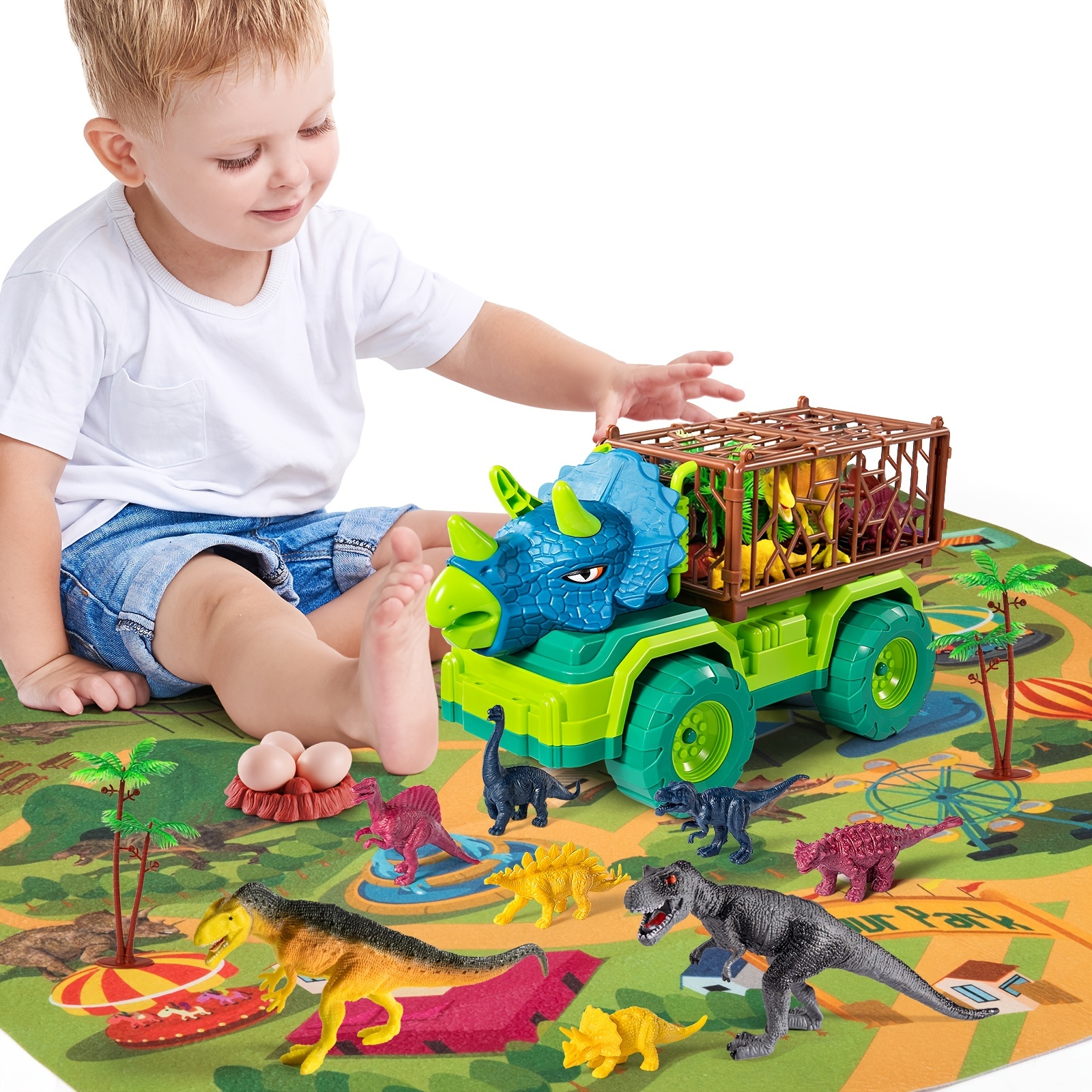 HONGID Juguetes de camión de dinosaurio para niños de 3 a 5 años, juguete  de coche Triceratops con 15 figuras de dinosaurio, tapete de juego de