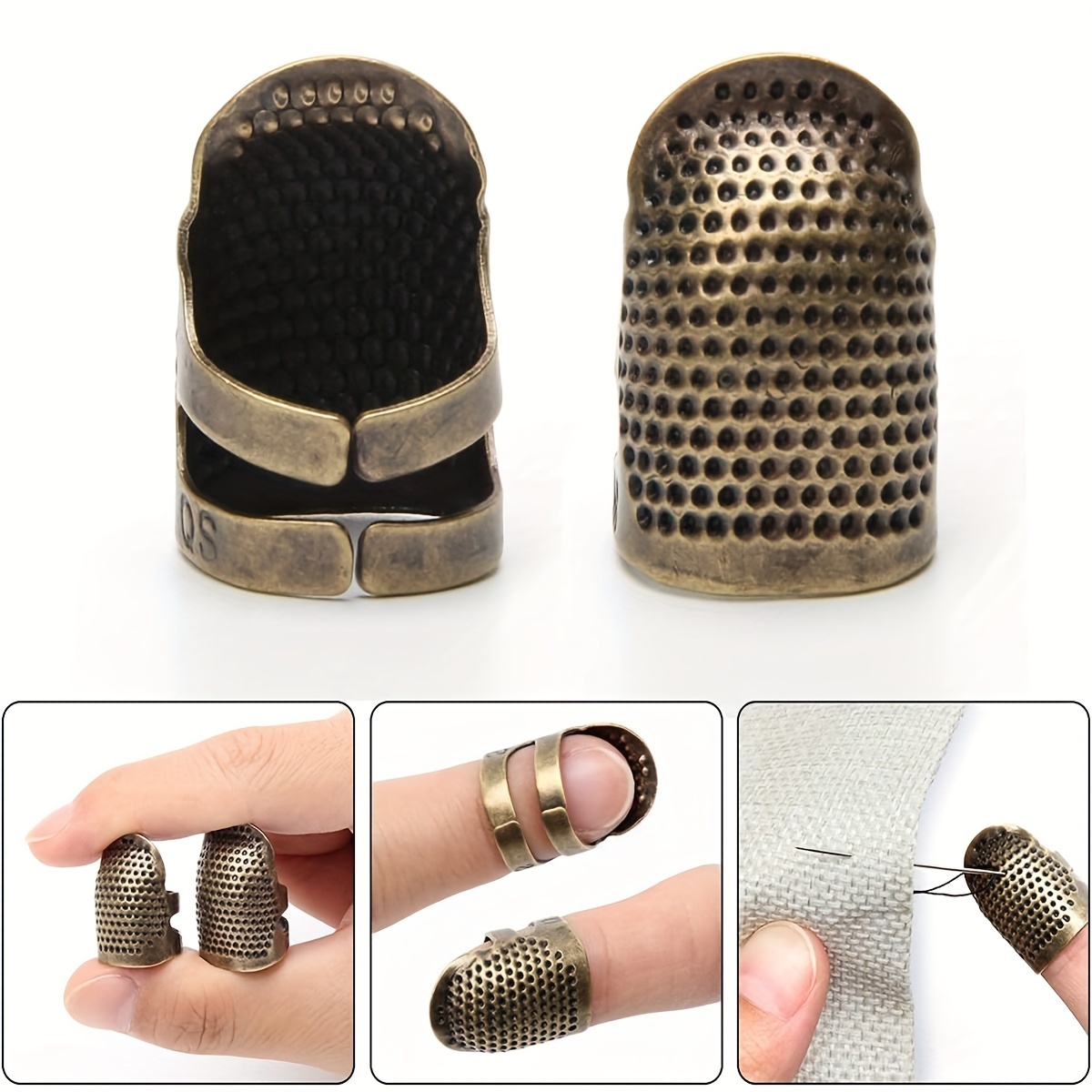 8 Pcs Sewing Thimble + 30 Pcs Sewing Needles, Finger Protector Fingertip  Thimble Adjustable Metal Bronze Sewing Thimble Rings and Leather Coin  Thimble for Needlework, Hand Embroidery Craft