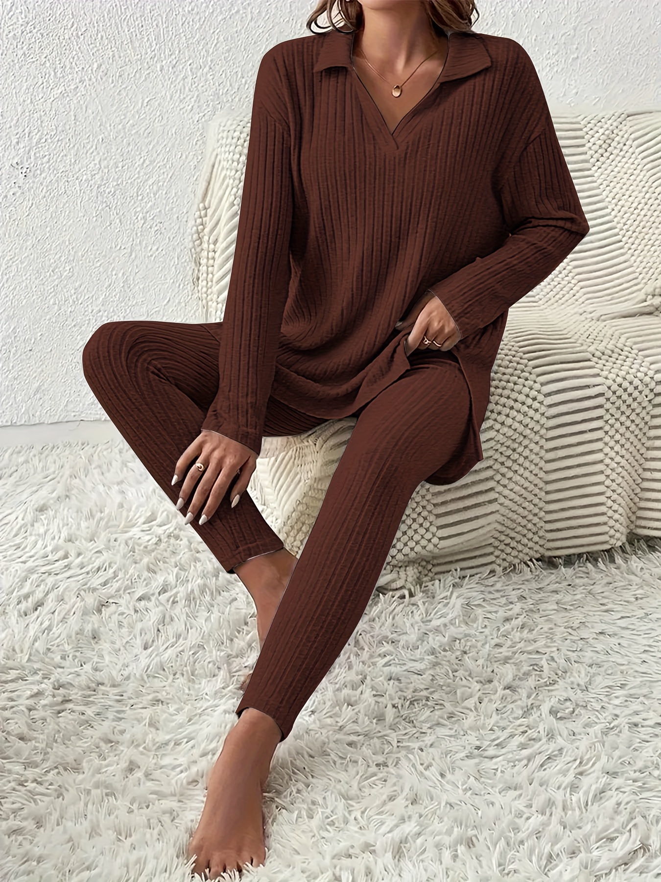 Plus Size Casual Lounge Set Women's Plus Solid Ribbed Knit - Temu