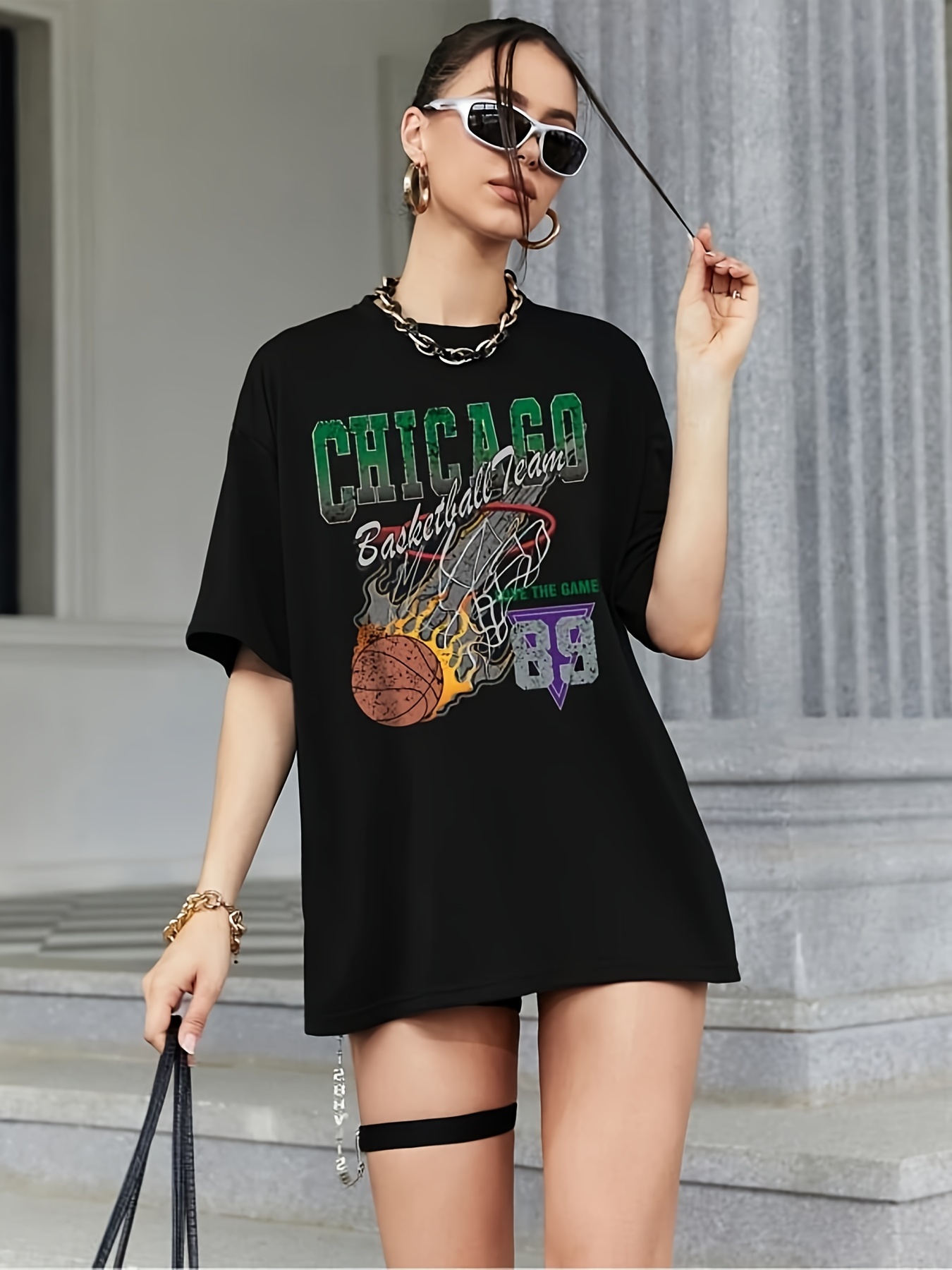 Oversized T-Shirt & Short Set With Chicago Print