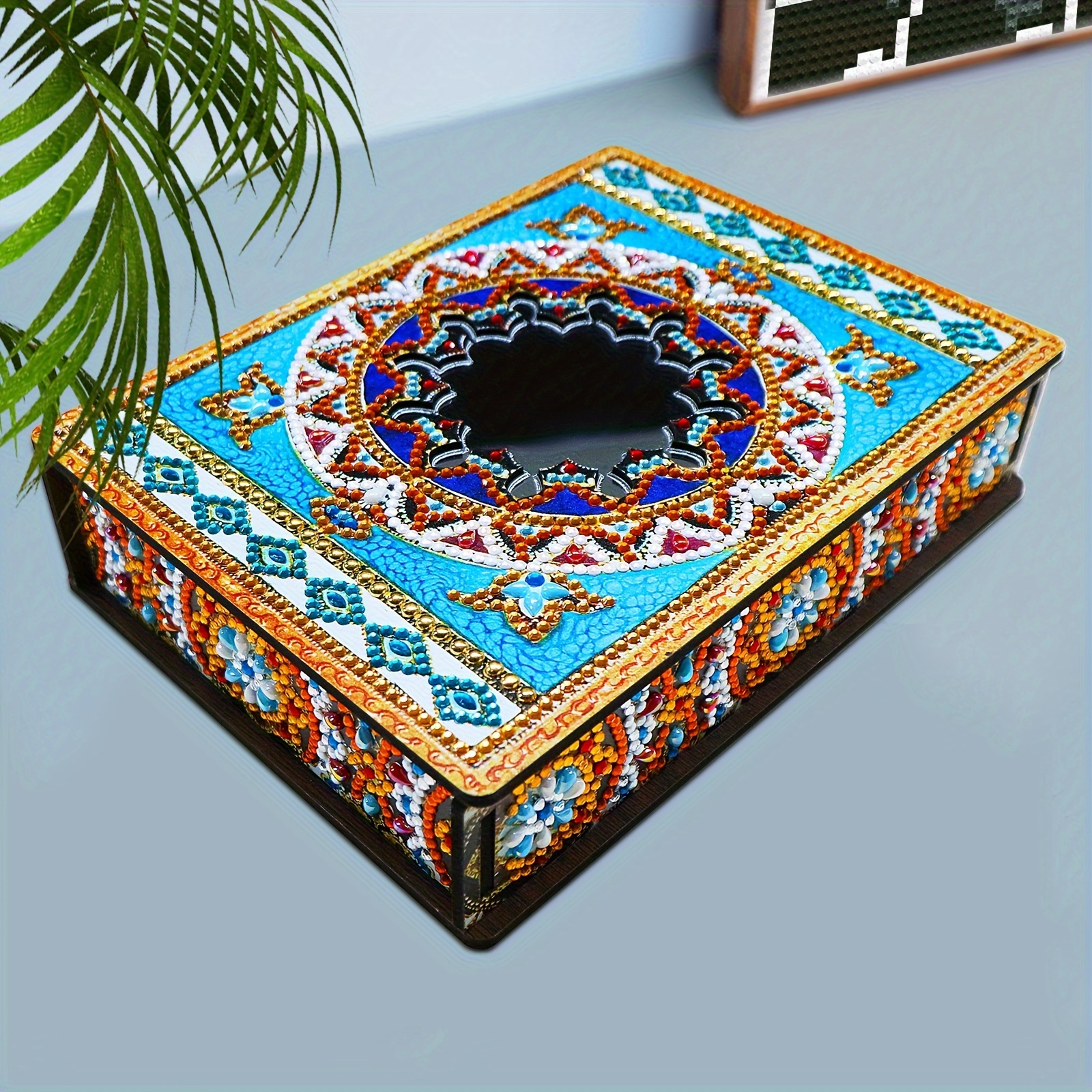 DIY Diamond Painting Kit with Mirror, Blue Mandala Wooden Storage Box