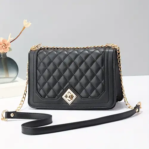 Quilted Metal Chain Crossbody Bag, PU Leather Textured Bag Purse, Classic  Versatile Fashion Shoulder Bag