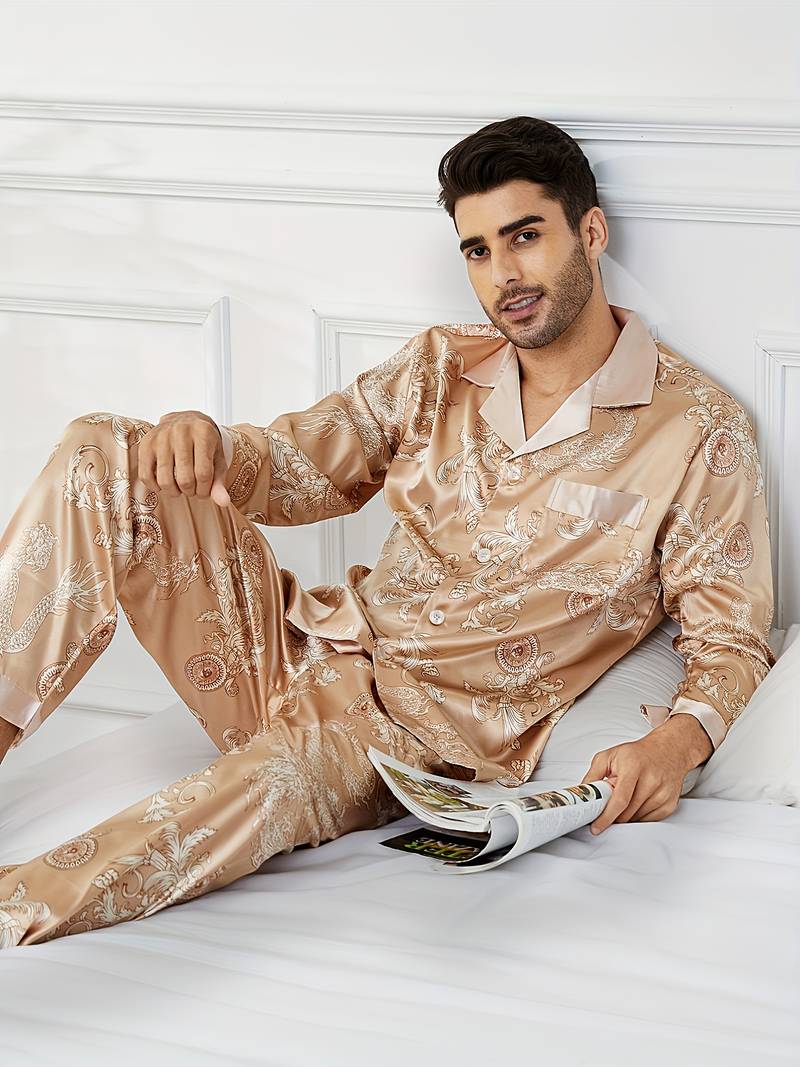 Men's Navy Silk Blend Short Pyjamas, Paisley Pajamas, Luxury