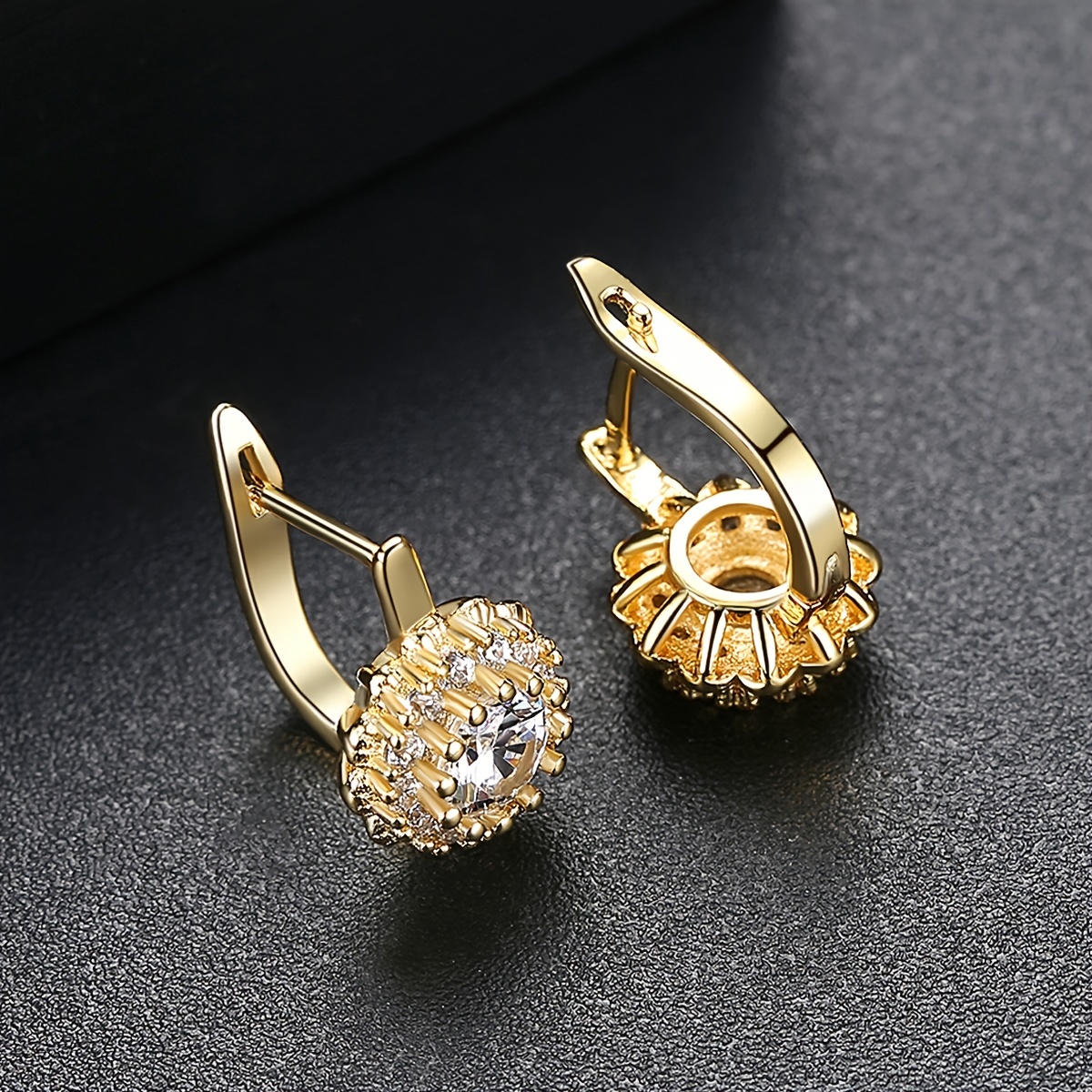 18k Real Golden Plated Stud Earrings Round Cubic Zirconia - Temu