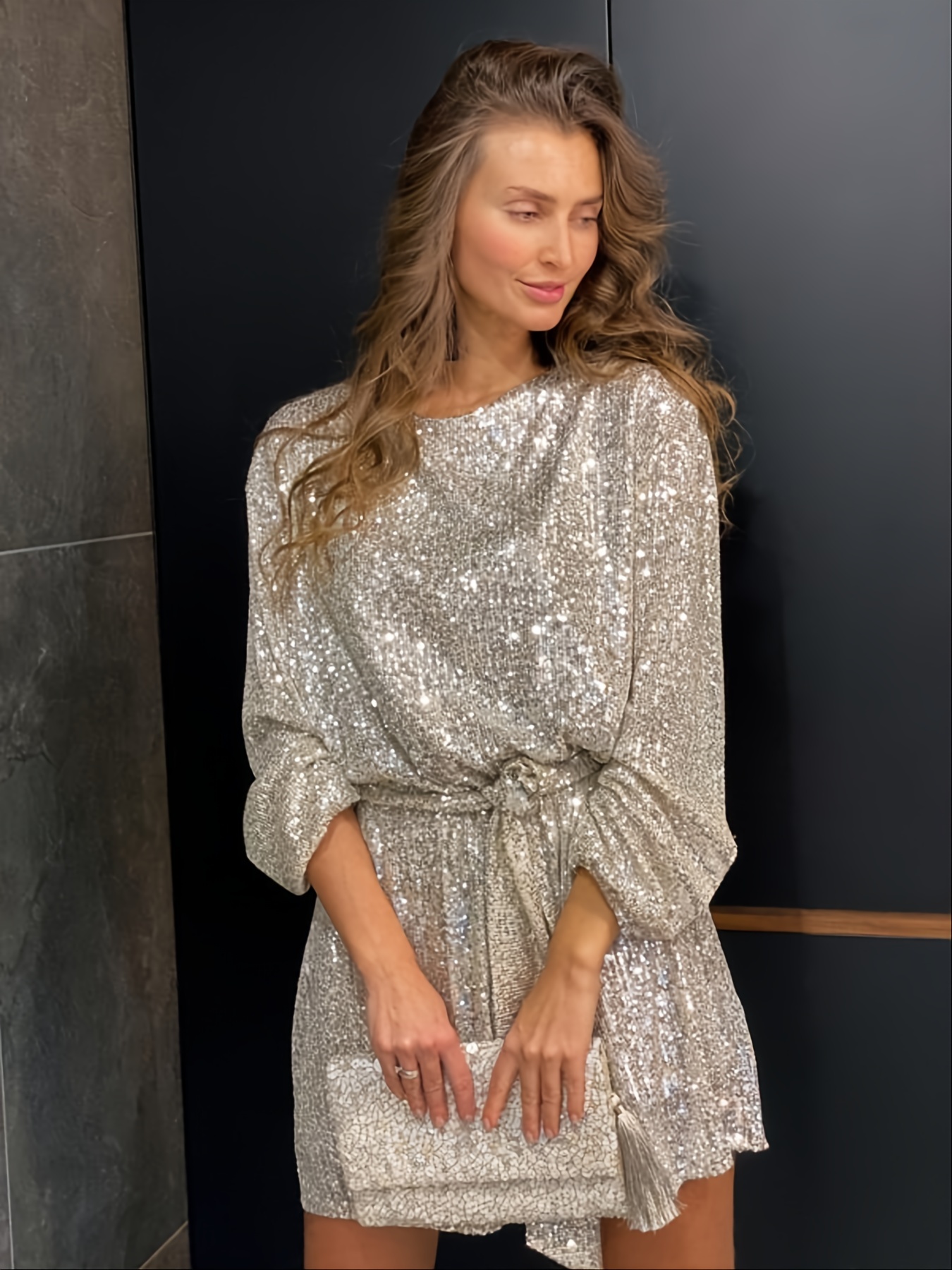 sequined belted dress solid loose long sleeve dress womens clothing