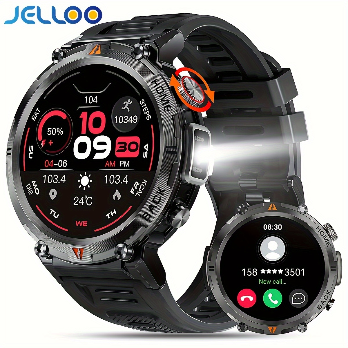 

Jelloo Smart Watch With Flashlight, 1.45 Inch Touch Screen Smartwatch (answer/make Calls) For Men Fitness Watch Compatible With Android/iphon// Ios