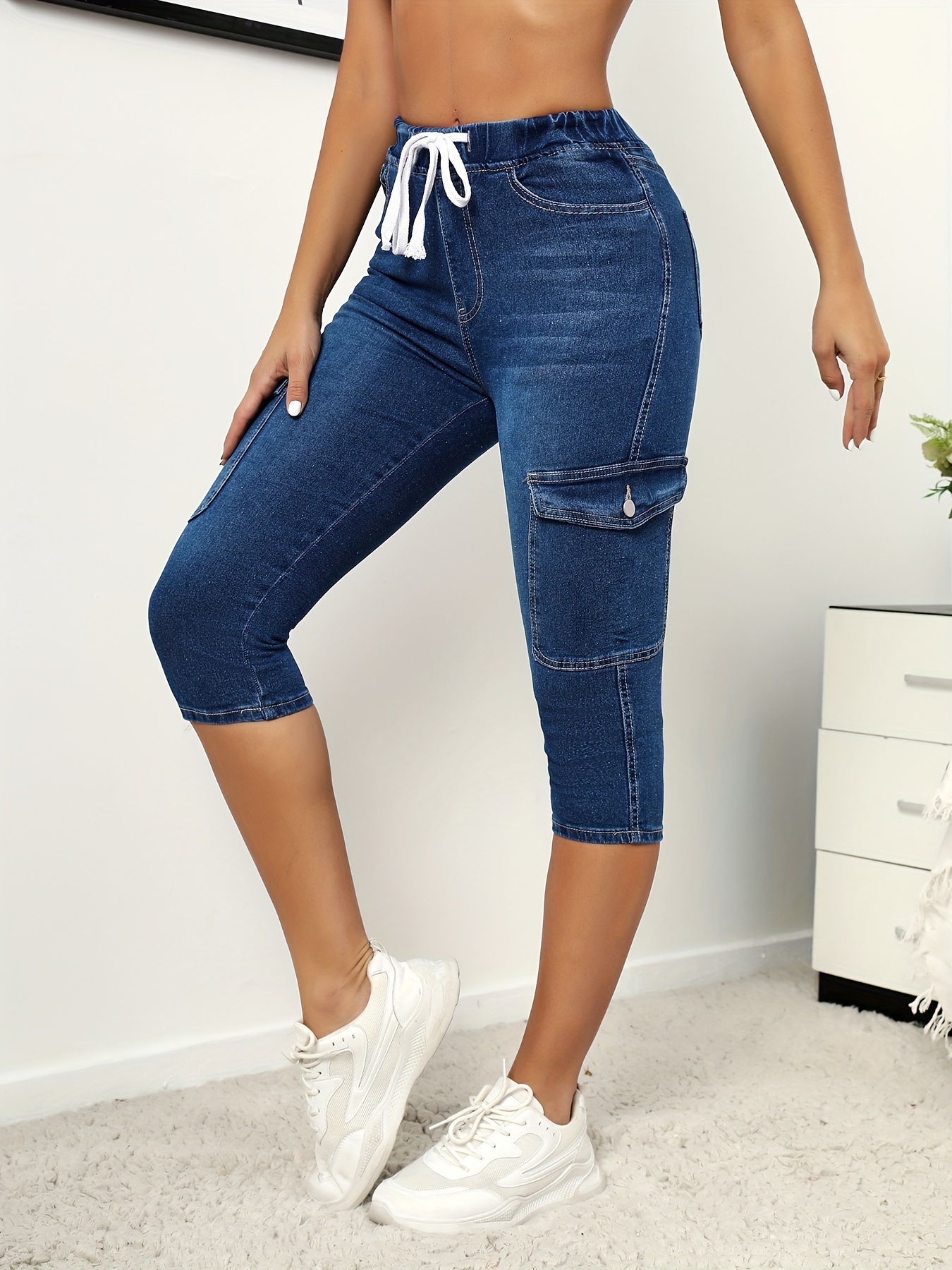 Slim jeans stretch skinny capri pants elastic drawstring denim