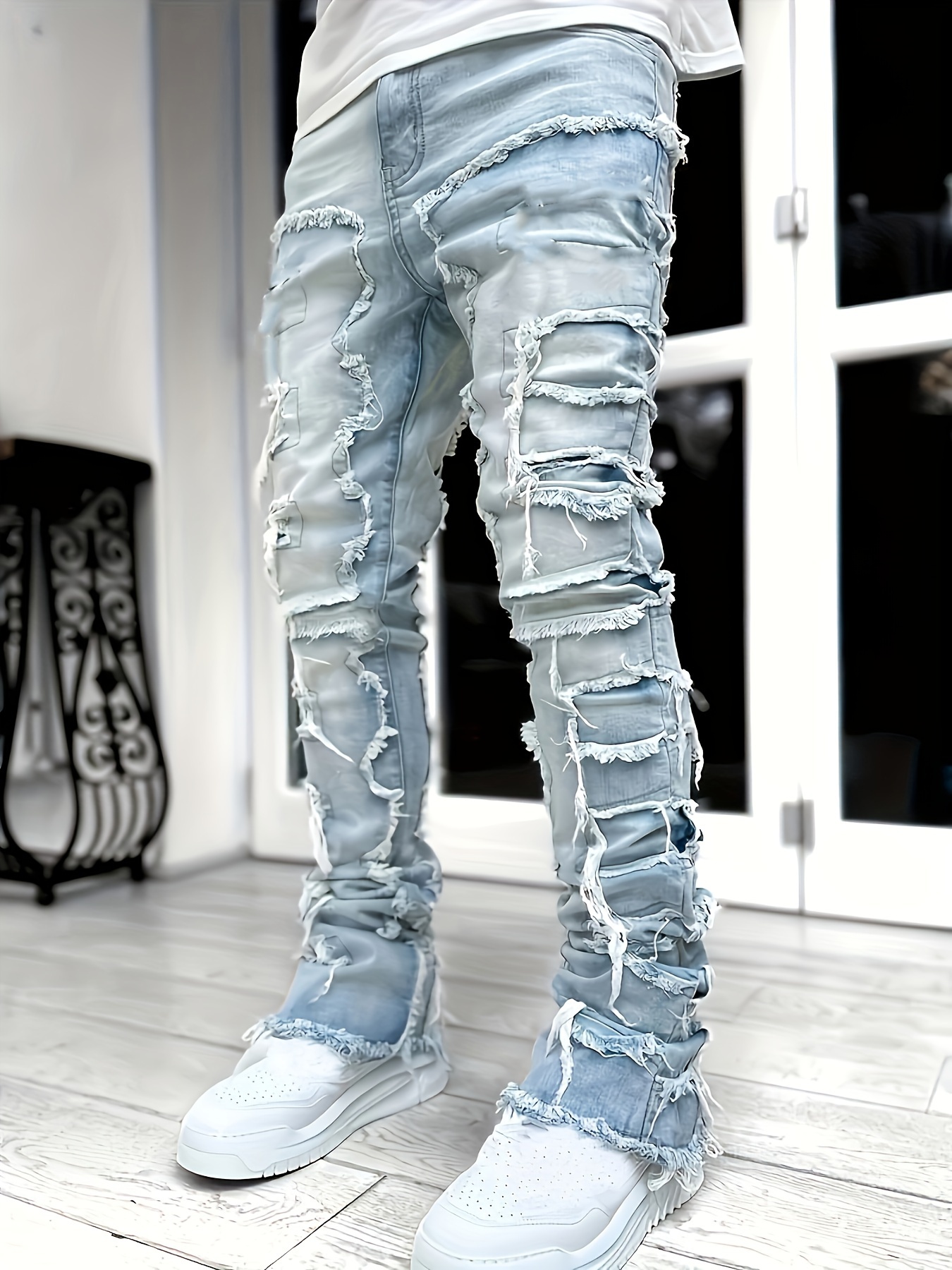 Patchwork Denim Pants, Men's Double Jeans, Denim Street Wear