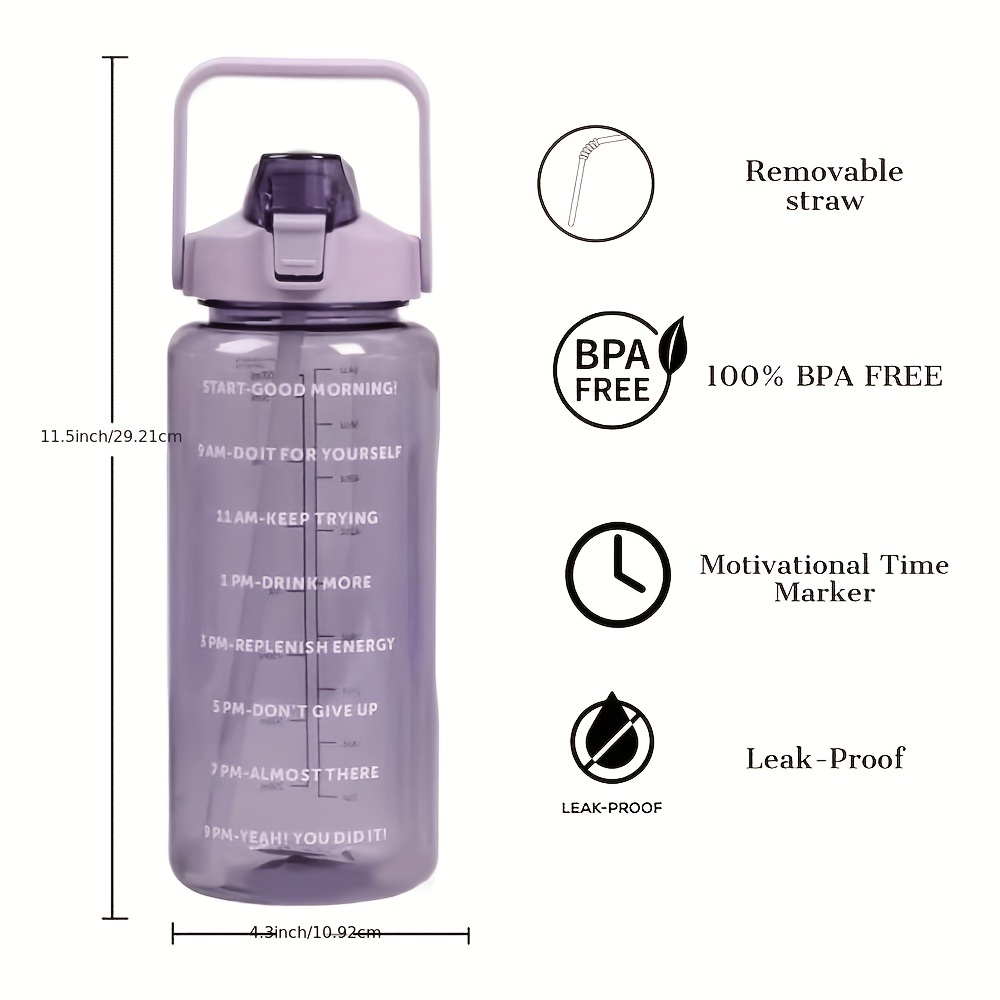 2 Litre Water Bottle with Straw, Sports Water Bottles with Handle, Leak Proof Drinks Bottle BPA Free for Gym Fitness Outdoor Sports, Purple