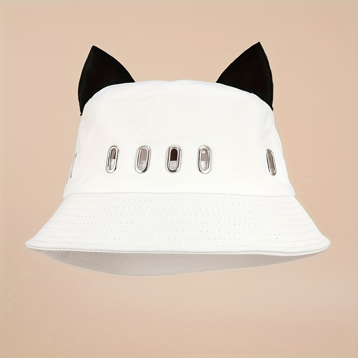 Cute Cartoon Cat Ear Decor Hollow Out Breathable Bucket Hat, Sun Protection  Casual Fisherman Hat