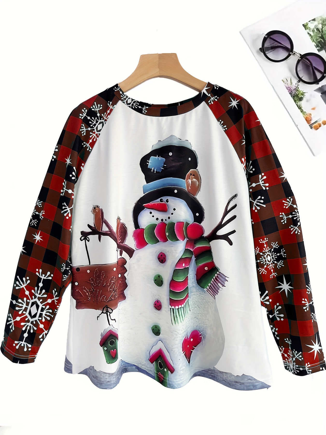 Plus Size Christmas Top, Women's Plus Cute Snowman Print Long Sleeve Round  Neck Slight Stretch Top