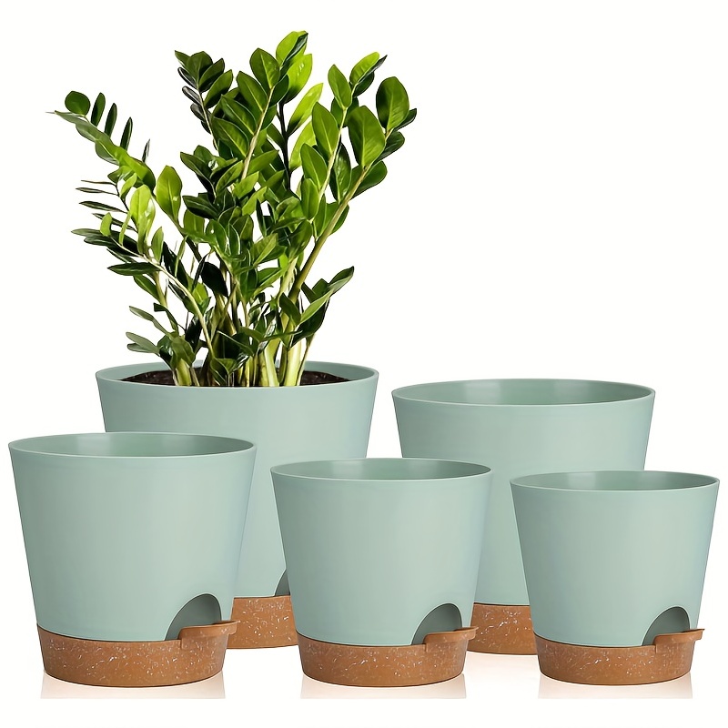 

5pcs Plant Pots Self Watering Planters For Indoor Plants With Drainage Hole, Nursery Planting Pot Plastic Flower Pot For Succulents, African Violet (green), 7/6.5/6/5.5/5 Inches