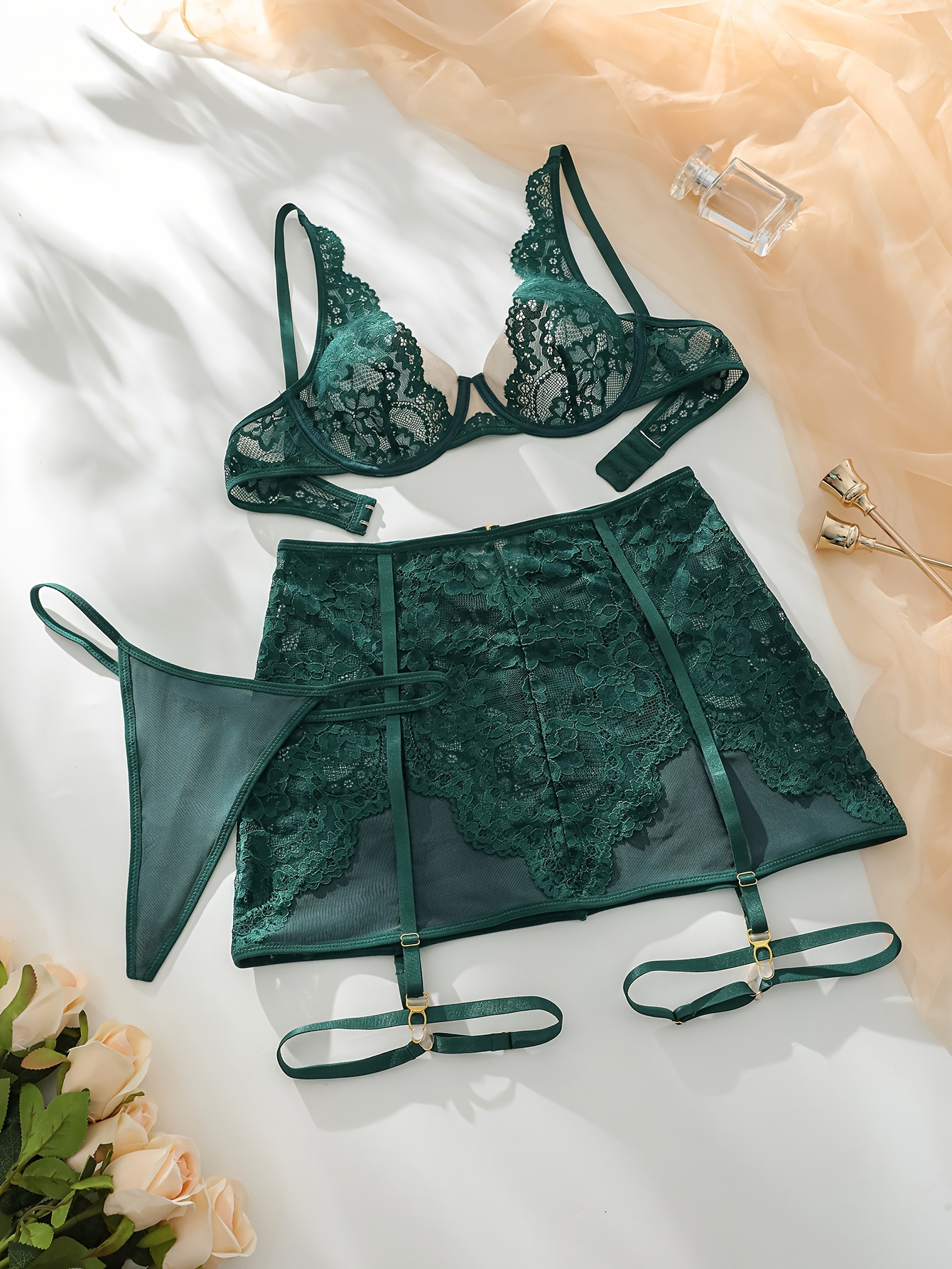 Green Lace Lingerie Set Semi Sheer Floral Lace Intimates - Temu