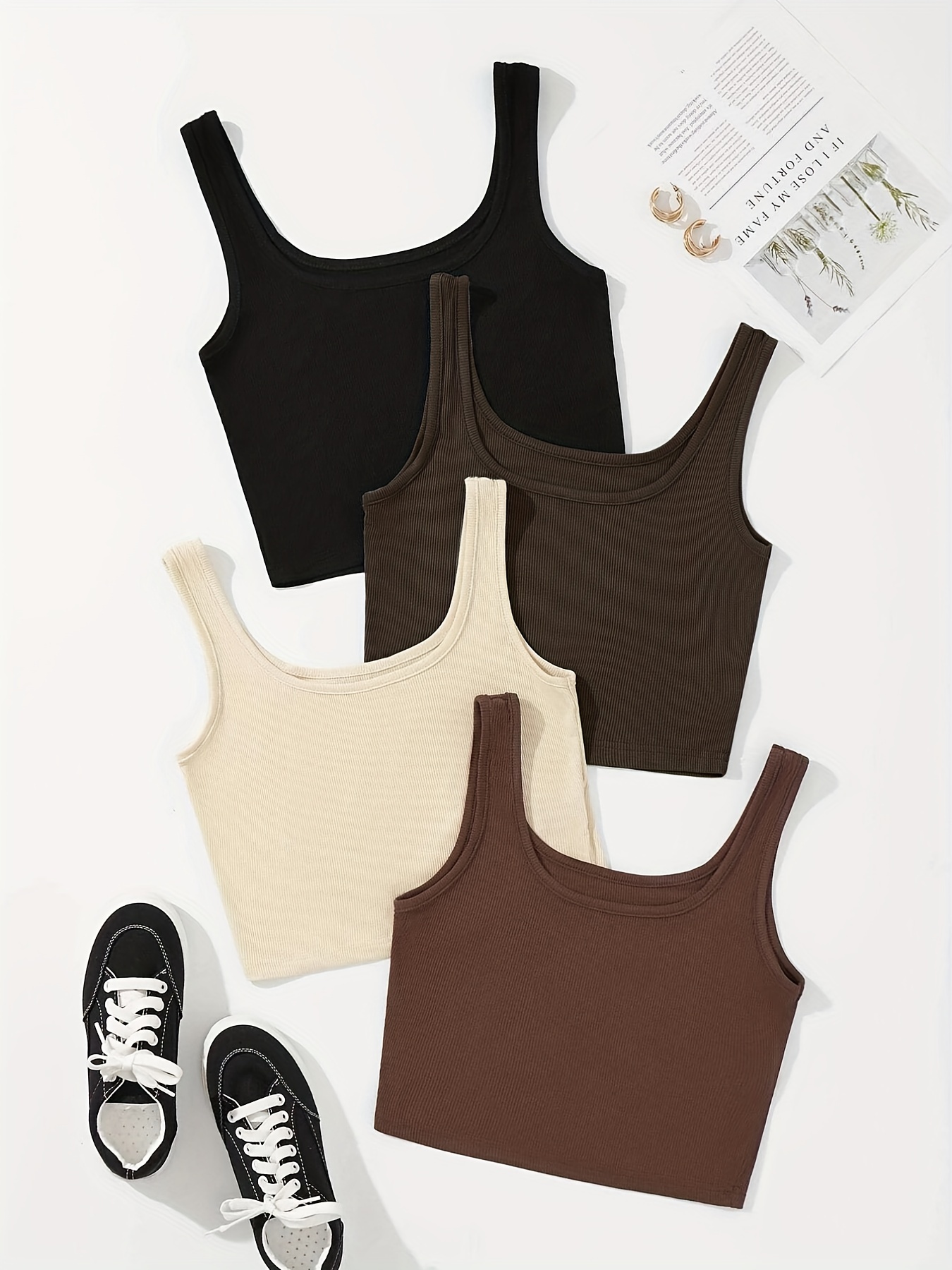 Shein 4pcs Solid Ribbed Crop Tank Top