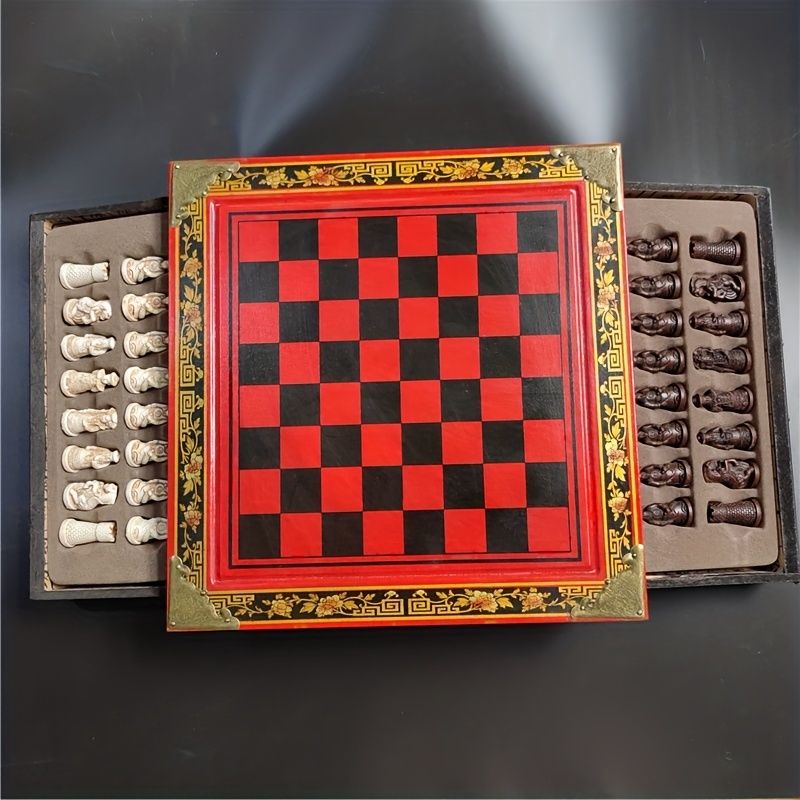 ヴィンテージの国際チェス、3D樹脂製チェスの駒、木製のテーブルチェスゲーム、手作りのチェス盤26*26CM（10.24*10.24IN）