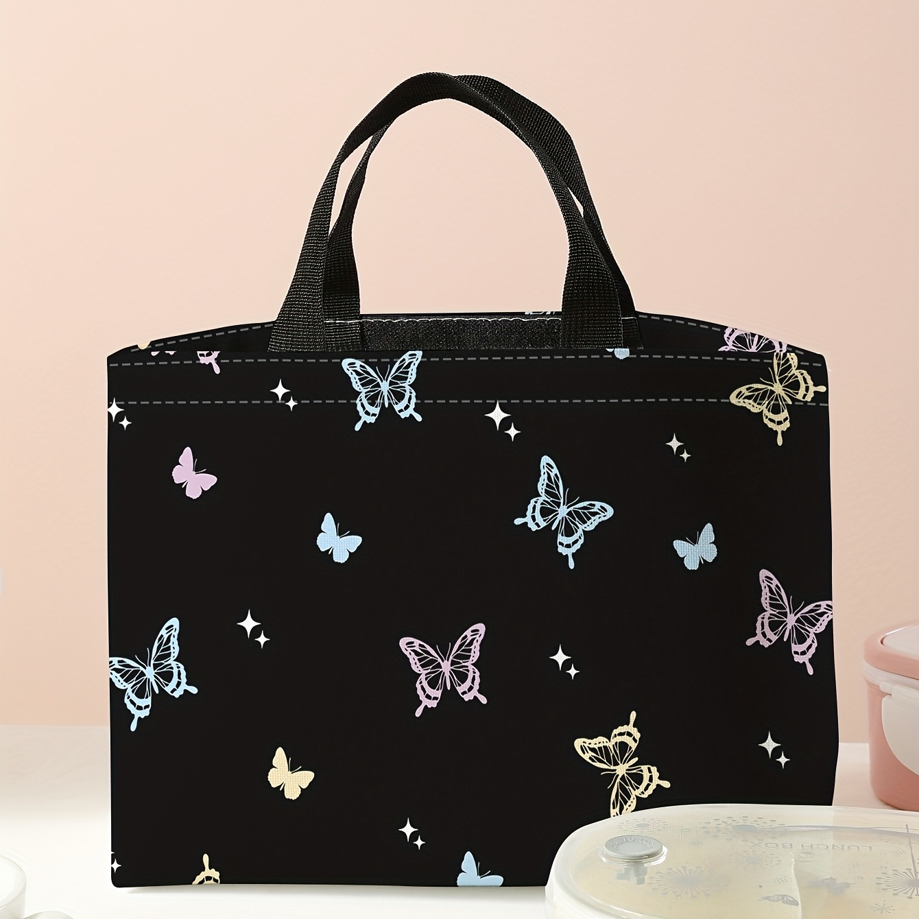 

1pc Butterfly Printed Portable Lunch Bag, Waterproof Large Capacity Thermal Insulated Bag, For Outdoor Camping Picnic